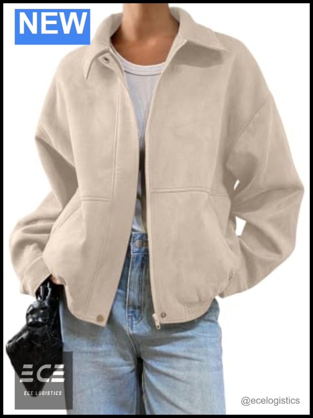 Faux Suede Bomber Jacket Oversized Zip Up Cropped Casual Coat